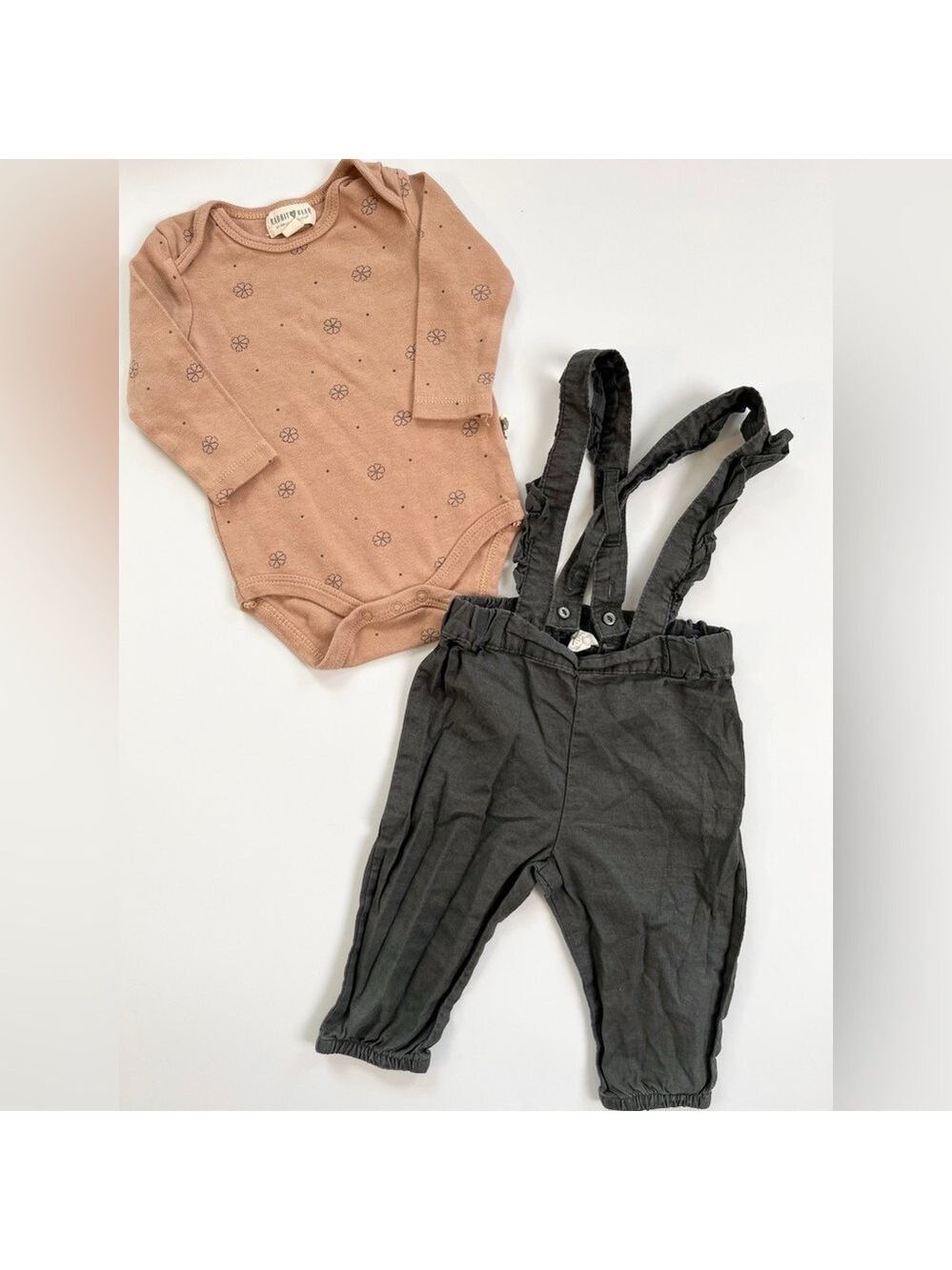 Rabbit & Bear Tan Onesie and‎ H&M Charcoal Suspender Pants Set